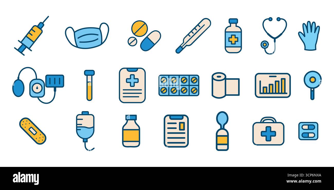 Ensemble d'icônes de vecteur médical avec équipement et fournitures de soins de santé. Parfait pour les infographies hospitalières, les applications de pharmacie, les sites Web des cliniques et les proses d'urgence Illustration de Vecteur