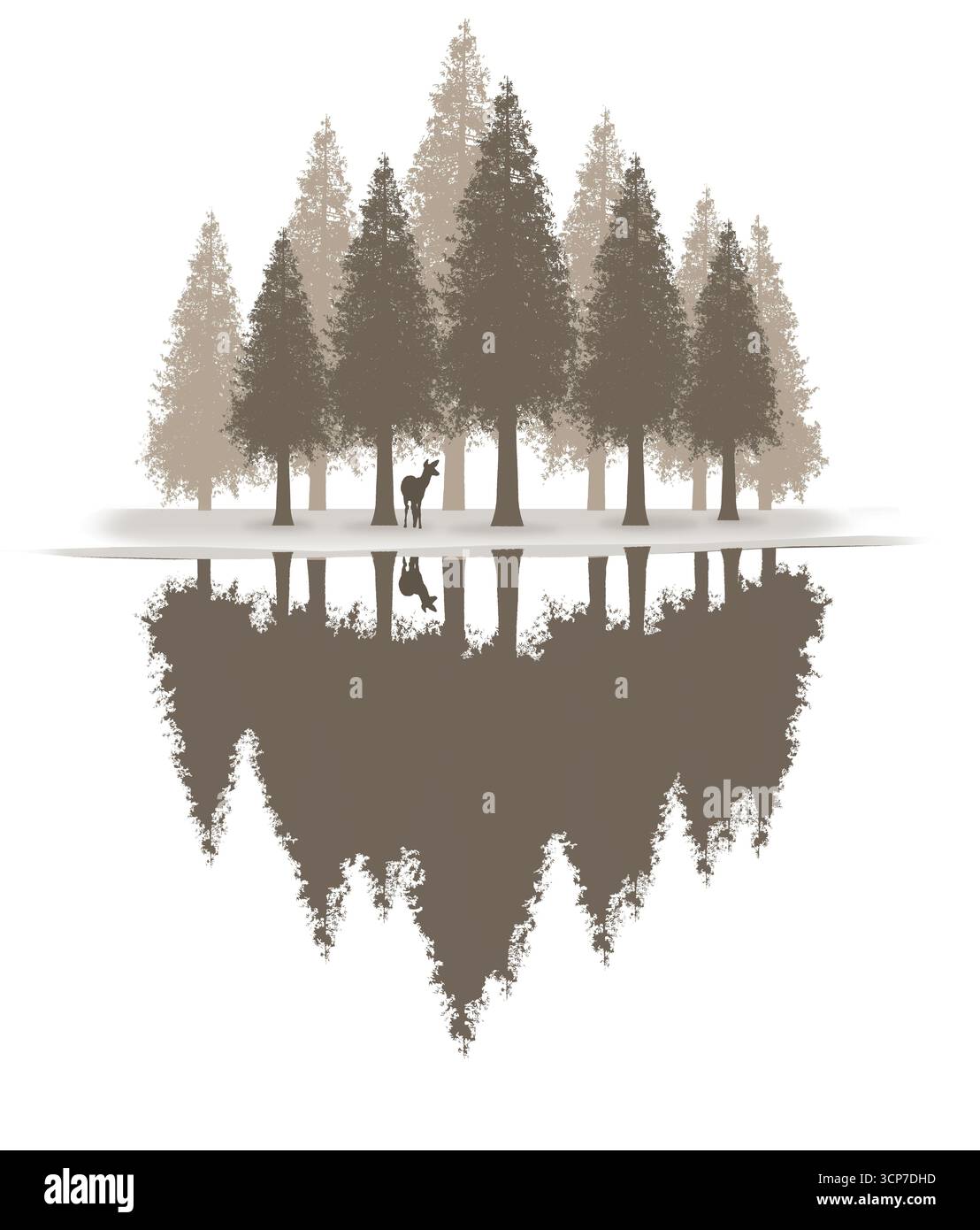 Sépia, sapins et pins et cerfs sont vus dans la neige et le brouillard et reflétés dans un lac dans une image graphique chaude sur la nature et les forêts. Banque D'Images