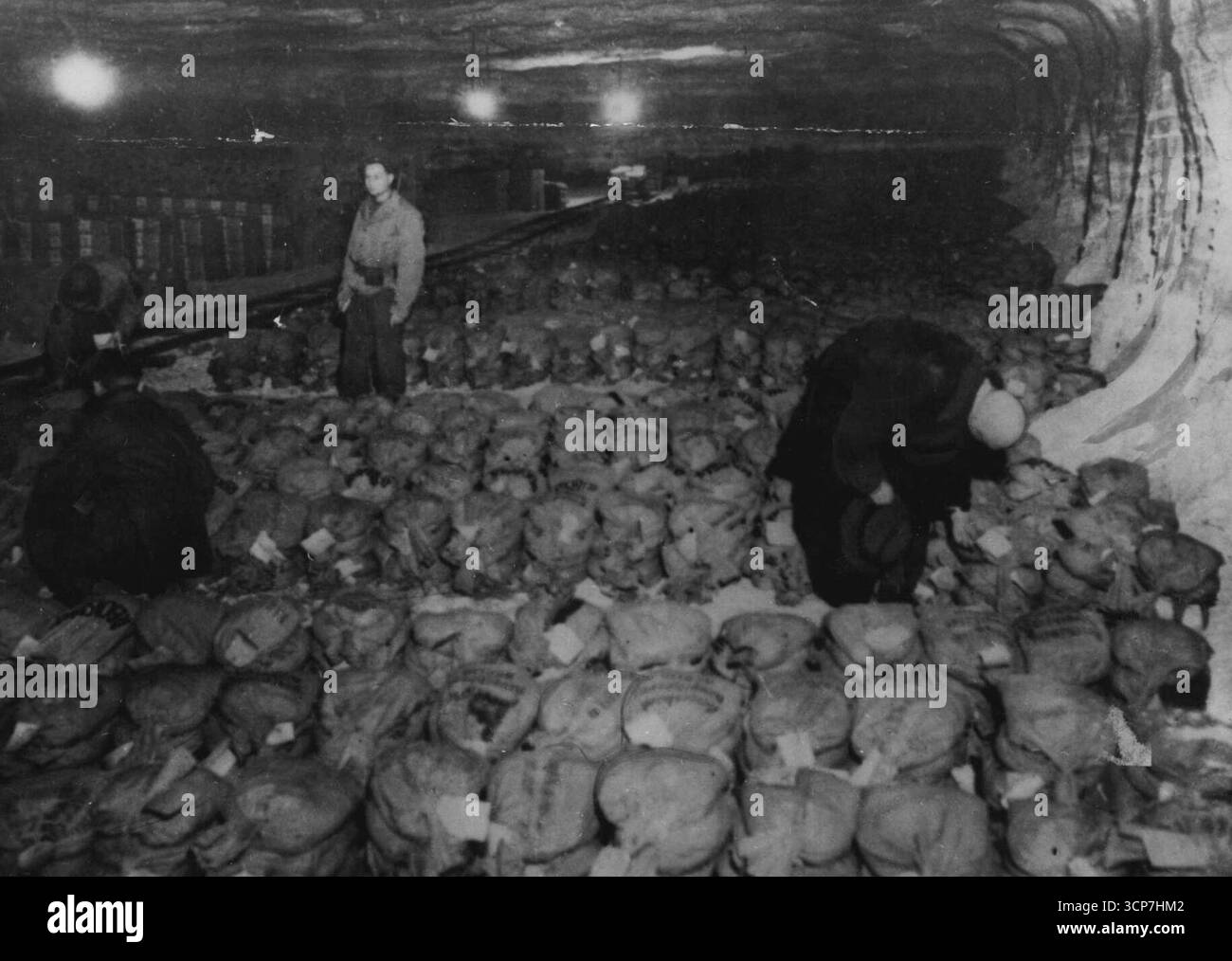 La troisième armée américaine capture la réserve d'or de Reich -- Un représentant de la Reichsbank (à droite), mis en garde à vue avec les trésors de la mine, contrôle les masses de sacs d'argent étiquetés avec des hommes du corps financier de la troisième armée américaine.ce qui est censé être la réserve d'or entière de la Reichsbank allemande, Des thésaures de papier allemand et allié et des trésors artistiques inestimables déplacés de Berlin ont été découverts dans une mine de sel à Markers, en Allemagne, par les troupes de la troisième armée américaine le 7 avril 1945. On estime que 100 tonnes de lingots d'or, probablement tout ce que possède l'Allemagne, ont été stockées dans le sous-sol Banque D'Images
