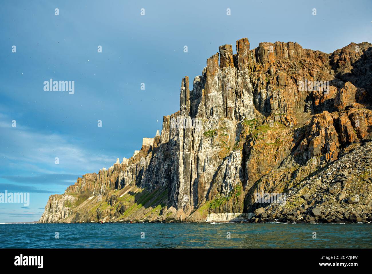 Falaises d'Alkefjellet avec Guillemots Spitzberg Svalbard Norvège // SPITZBERG, Svalbard et Jan Mayen — les spectaculaires falaises d'Alkefjellet, un site de nidification populaire pour de nombreuses espèces d'oiseaux, s'élèvent abruptement des eaux arctiques au large du Spitzberg. Des colonies de guillemots, oiseaux de mer caractérisés par leur plumage noir et blanc distinct, sont visibles dans la mer agitée près de la base des falaises accidentées. L'archipel du Svalbard est situé dans l'océan Arctique, à mi-chemin entre la Norvège continentale et le pôle Nord. Ces îles sont réputées pour leur beauté dure, leurs glaciers et leur faune abondante, ce qui en fait un Banque D'Images Falaises d'Alkefjellet avec Guillemots Spitzberg Svalbard Norvège // SPITZBERG, Svalbard et Jan Mayen — les spectaculaires falaises d'Alkefjellet, un site de nidification populaire pour de nombreuses espèces d'oiseaux, s'élèvent abruptement des eaux arctiques au large du Spitzberg. Des colonies de guillemots, oiseaux de mer caractérisés par leur plumage noir et blanc distinct, sont visibles dans la mer agitée près de la base des falaises accidentées. L'archipel du Svalbard est situé dans l'océan Arctique, à mi-chemin entre la Norvège continentale et le pôle Nord. Ces îles sont réputées pour leur beauté dure, leurs glaciers et leur faune abondante, ce qui en fait un Banque D'Images