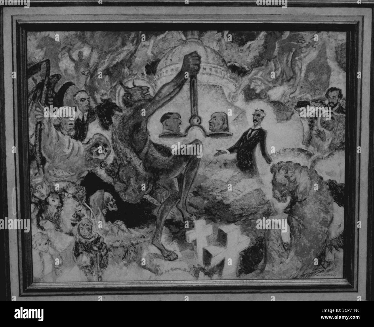 Peinture de dictateur retirée - la peinture de dictateurs qui a été retirée de l'exposition. Il montre, au centre, le diable tenant les têtes d'Hitler et de Mussolini dans les échelles de la Justice tandis que Mr. Chamberlain regarde. L'extrême droite de l'image est l'ex-empereur d'Ethiopie, et a laissé le président Roosevelt derrière Mr. Lloyd George. En bas à gauche sont la mort et les refuges et à droite le lion britannique. Une grande image du diable tenant les têtes d'Hitler et Mussolini dans les échelles de la justice tandis que les dirigeants de la démocratie regardent, a été retirée de l'exposition de la Royal Society of B. Banque D'Images