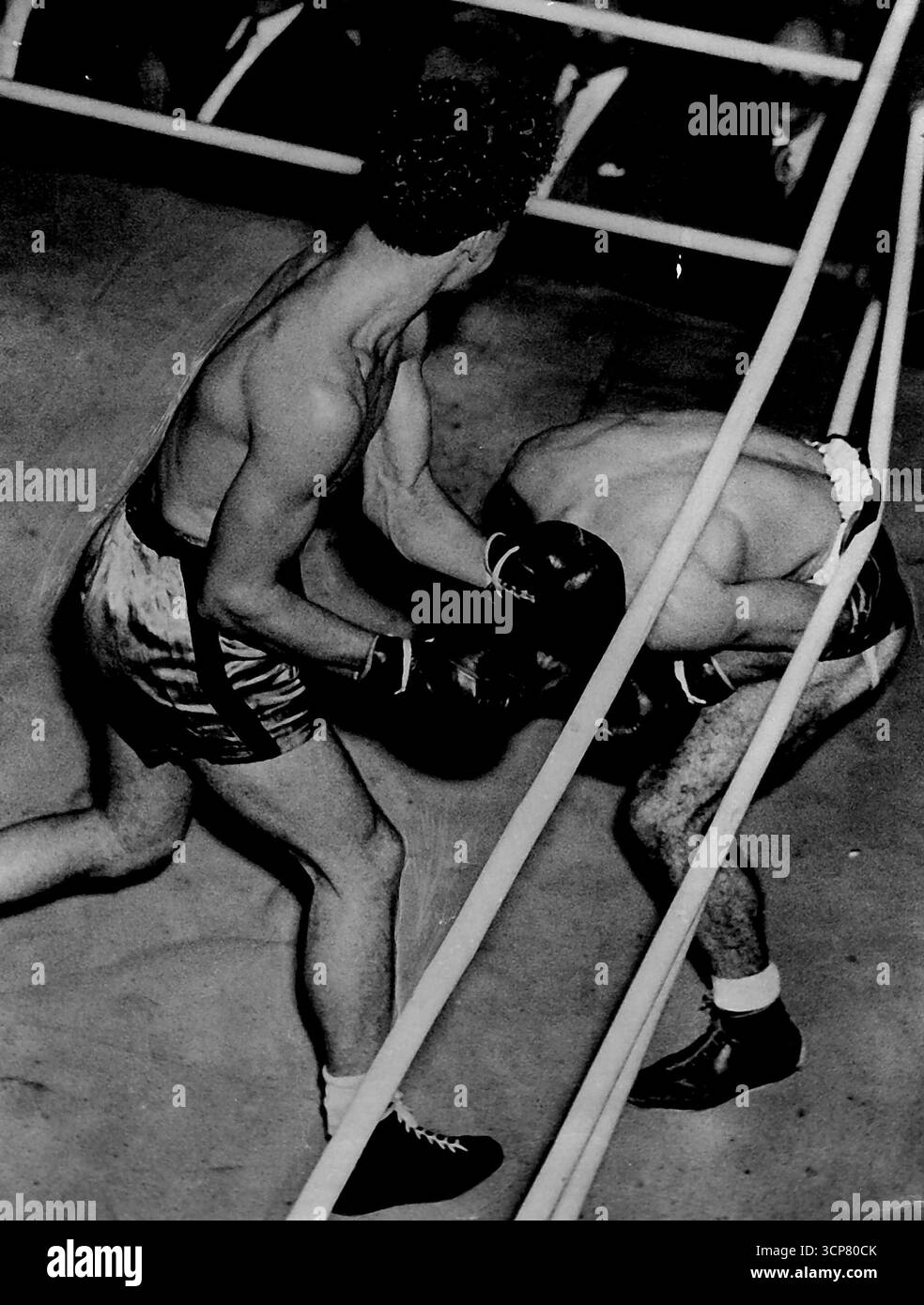 Boxe au stade de Sydney Colin Clark jetant une gauche alors que Vince Affinito canards. 15 février 1954. (Photo de Banque D'Images