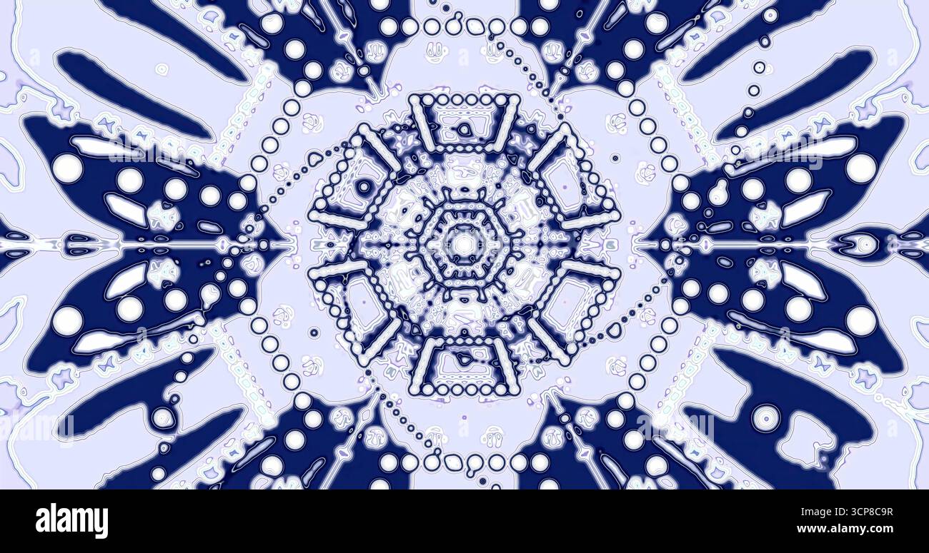 Des motifs complexes dans des tons de bleu et de blanc créent un effet visuel fascinant. Le design présente des formes circulaires entourées de formes florales Banque D'Images