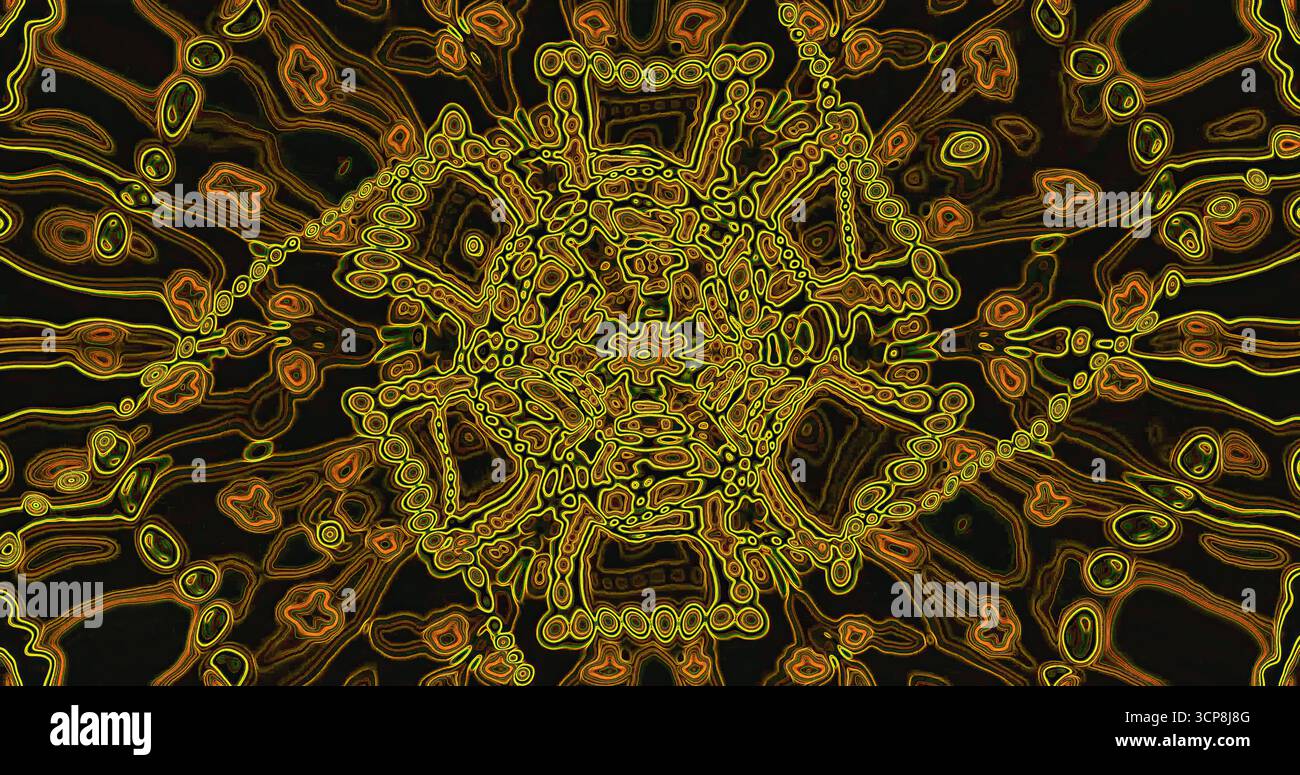 Les motifs complexes forment un design vibrant et abstrait avec des formes tourbillonnantes dans des tons chauds. L'œuvre met en valeur le mouvement dynamique contre un dos sombre Banque D'Images