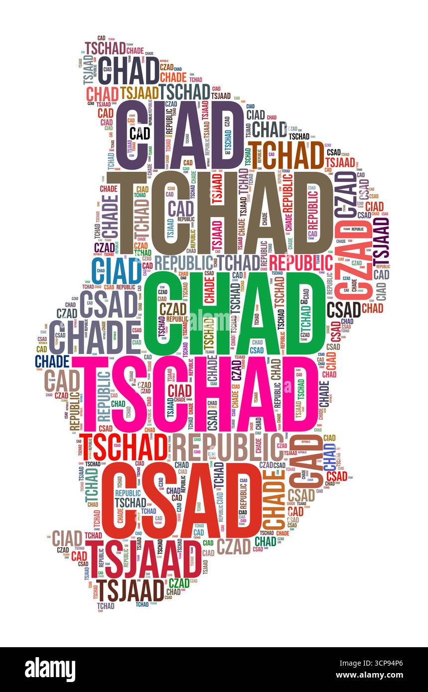 Nuage de mots en forme de pays Tchad. Illustration de pays de style typographique. Image Tchad dans le style nuage de texte. Illustration vectorielle. Illustration de Vecteur