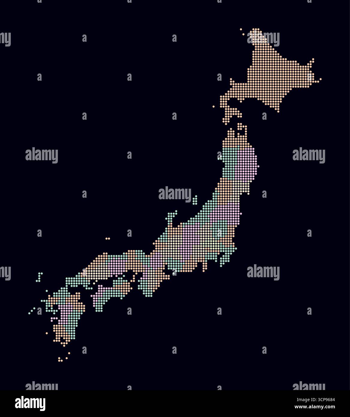 Carte en pointillés du Japon. Carte de style numérique du pays sur fond sombre. Forme japonaise avec des points circulaires. Style de points colorés. Cercles de petite taille. Illustration de Vecteur