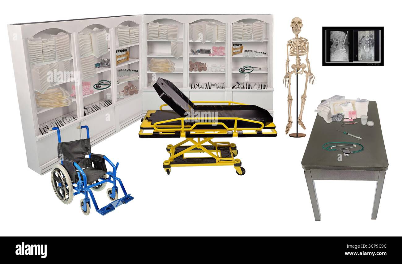 Gurney dans le cabinet d'un médecin avec un fauteuil roulant entouré de fournitures médicales Banque D'Images