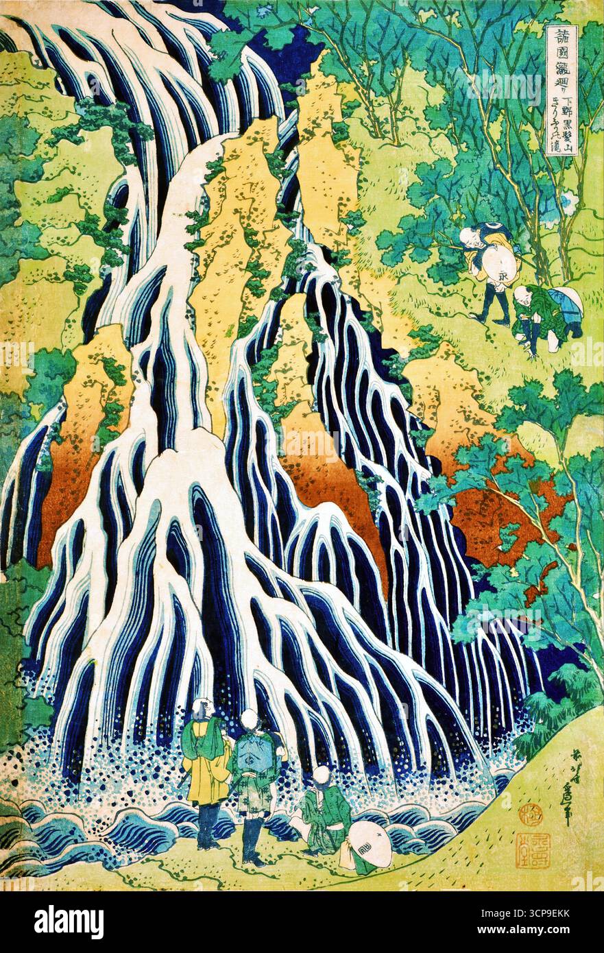 Katsushika Hokusai, pèlerins à la cascade de Kirifuri, c.1831—gravure sur bois couleur Edo ukiyo-e ; voyageurs à la chute de Kirifuri, Mont Kurokami, Shimotsuke. Illustration de Vecteur