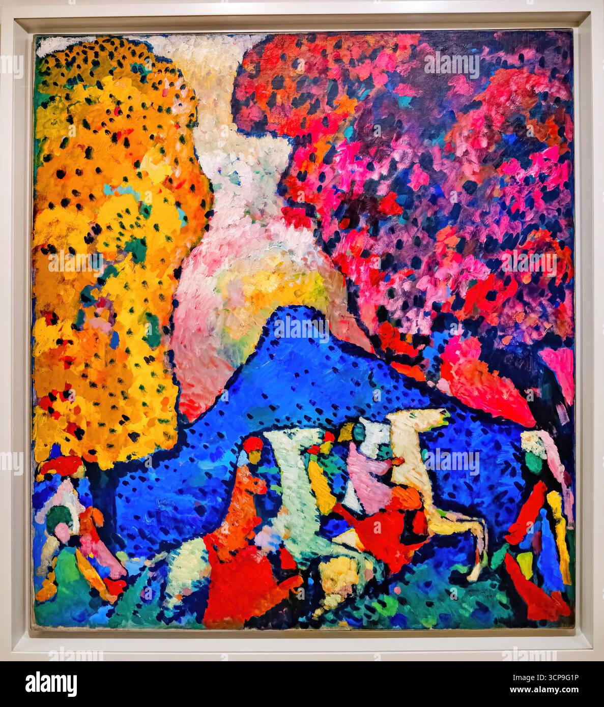 Wassily Kandinsky, Blue Mountain, 1908–09 — paysage expressionniste ; cavaliers, montagne bleue audacieuse, couleur rayonnante et un mouvement vers l'abstraction. Illustration de Vecteur