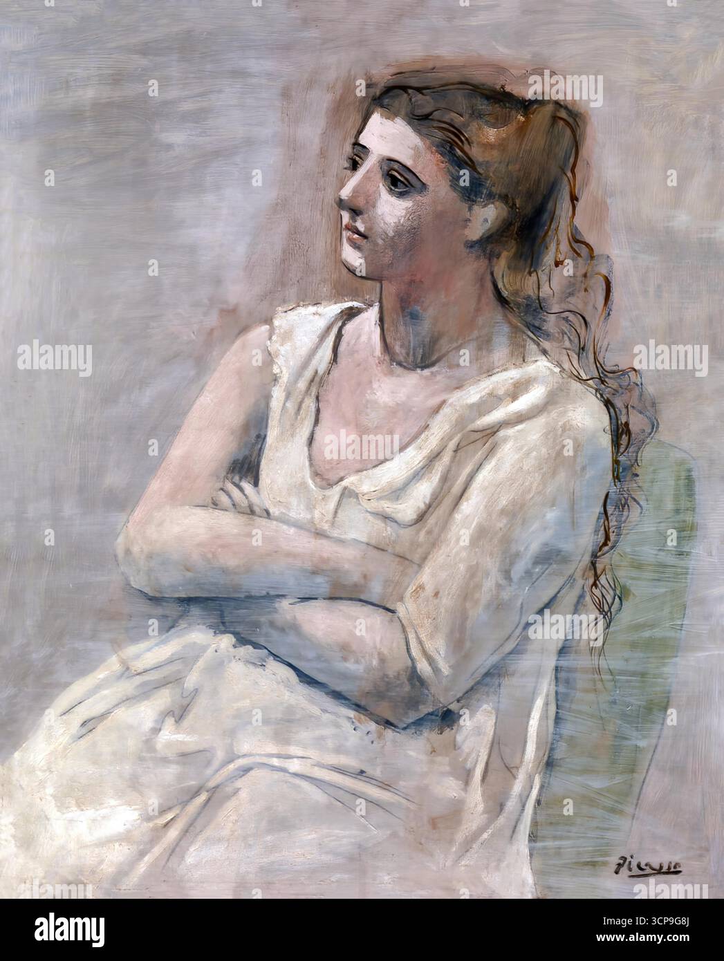 Pablo Picasso, femme en blanc, 1923 — Elégant portrait néoclassique d'une femme assise dans une robe blanche, expression sereine, style moderne raffiné. Illustration de Vecteur