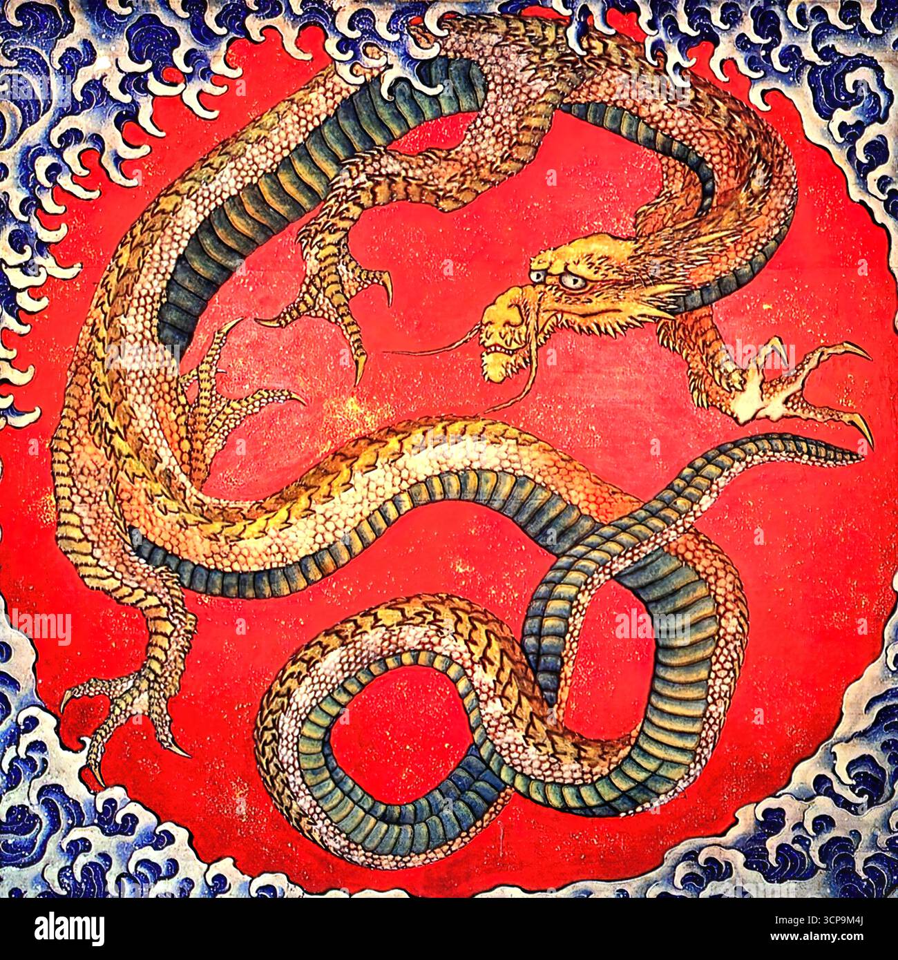 Katsushika Hokusai, Matsuri Yatai Dragon, 1844 — période Edo ukiyo-e ; flotteur de festival avec motif dragon, célébrant le patrimoine culturel japonais. Illustration de Vecteur