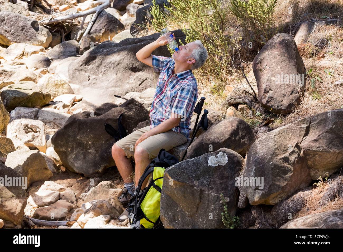 Homme mûr assis sur le rocher buvant de l'eau de bouteille avec sac à dos, bâtons de randonnée sur le lit de ruisseau Banque D'Images