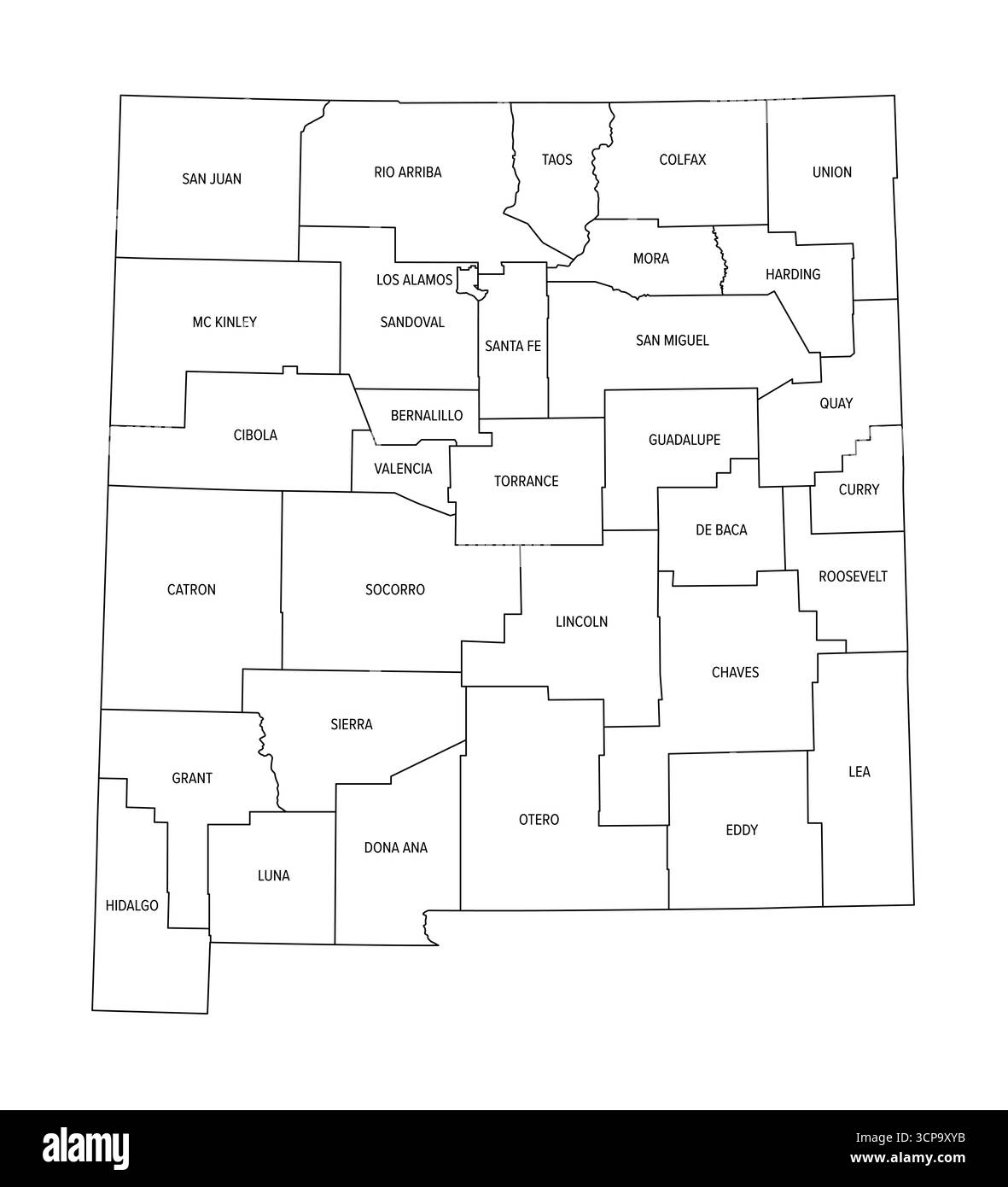 État du Nouveau-Mexique, divisé en 33 comtés, carte de contour. État dans la région du sud-ouest des États-Unis, l'un des États de montagne. Banque D'Images