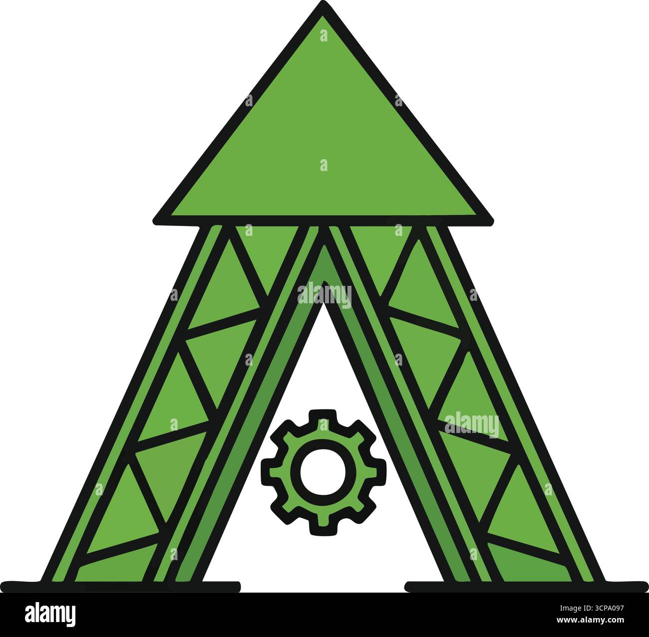 Vert forme A avec équipement industriel. L'emblème chartreuse vibrant présente un cadre ascendant, entourant un pignon central, représentant un engin intelligent Illustration de Vecteur
