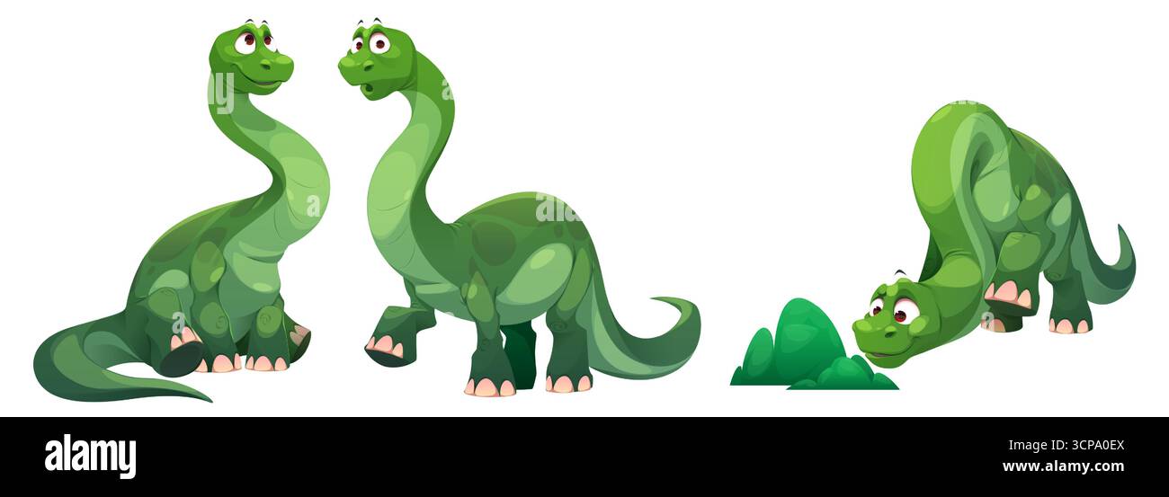 Personnage de dinosaure vert de dessin animé avec des expressions amicales pour les enfants matériel éducatif et conception de jeu. Brachiosaurus à long cou assis et marchant. Souriant curieux brontosaure sentent le buisson. Illustration de Vecteur