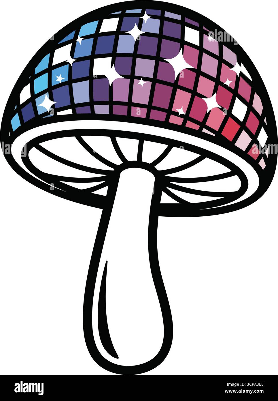 Groovy Disco Mushroom Art. Le chapeau de champignon vibrant scintille avec des facettes réfléchissantes, rayonnant une atmosphère de fête nostalgique. Ce design unique évoque la joie A. Illustration de Vecteur