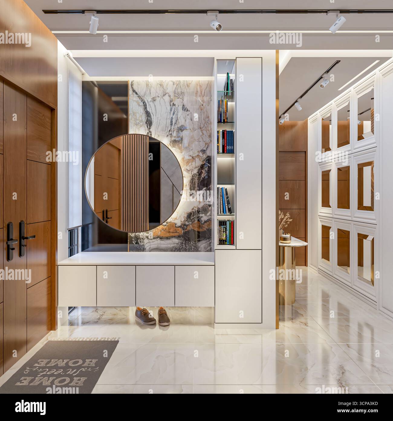Entrée de luxe moderne et design intérieur foyer avec mur contrasté en marbre, miroir circulaire et armoires de rangement Banque D'Images