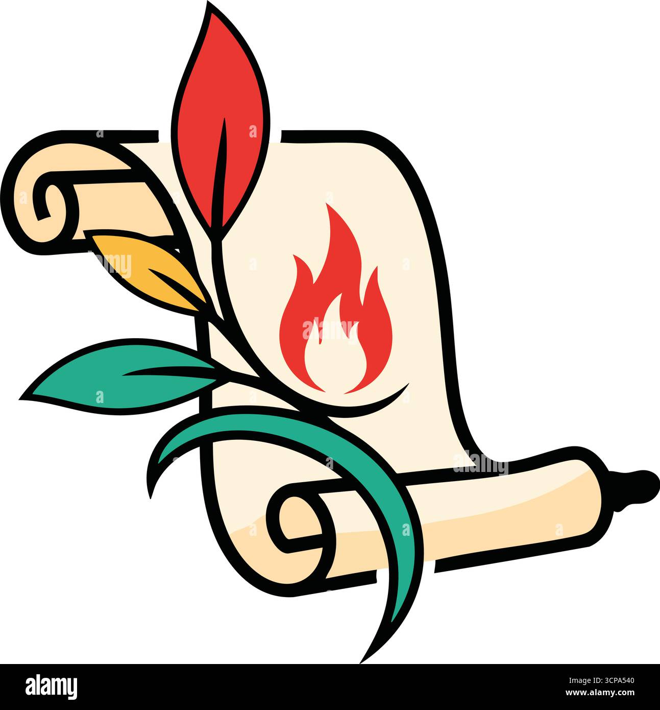 Wisdom Scroll avec emblème Fiery. Une illustration symbolique d'un document intemporel entrelacé avec une branche feuillue vibrante et un feu rayonnant, représi Illustration de Vecteur
