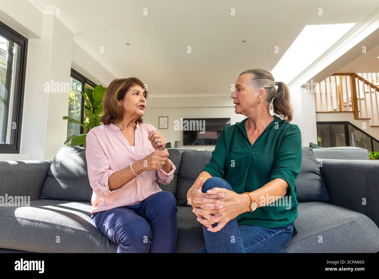 Des amies seniors parlant sur un canapé gris dans le salon avec télévision à écran plat et plante Banque D'Images