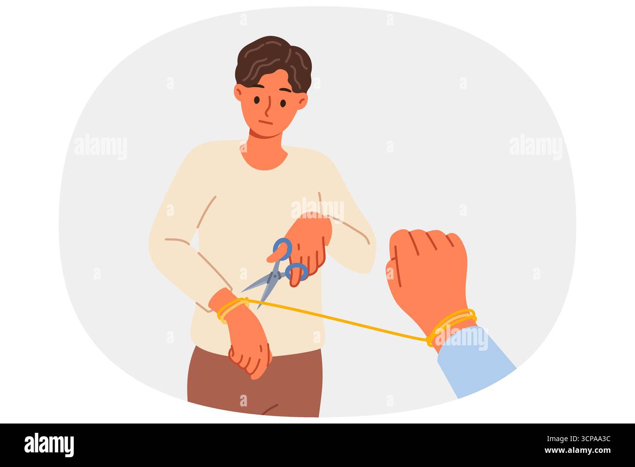 L'homme rompt avec la femme et coupe la corde à la main, en raison du manque d'amour après la trahison Illustration de Vecteur