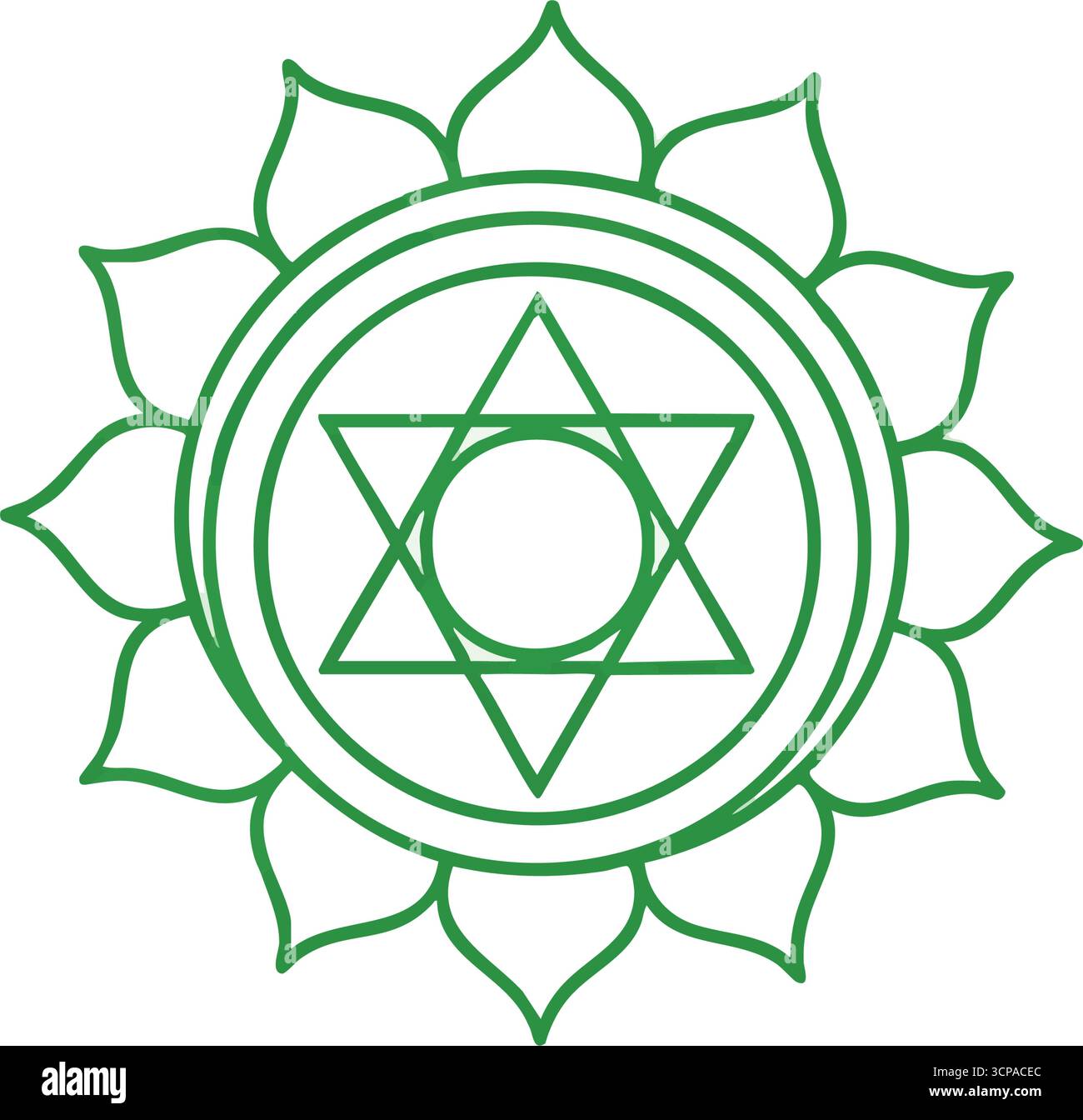 Emblème de Chakra de coeur d'Anahata. Cette icône verte sereine du quatrième centre énergétique du corps représente l'affection, l'empathie et la paix intérieure profonde. Il promeut e. Illustration de Vecteur