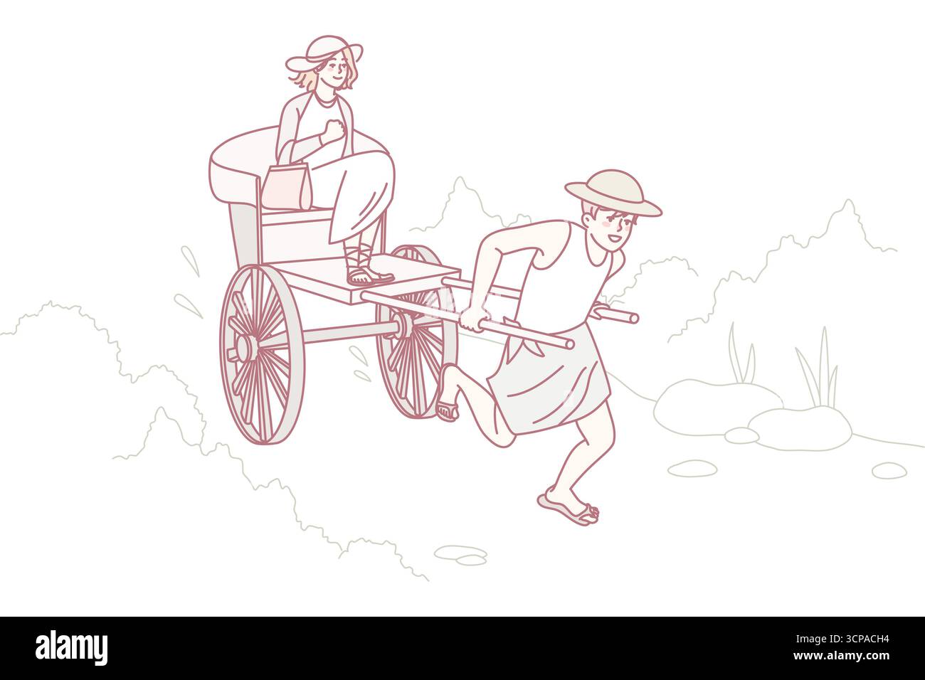 Homme tirant en pousse-pousse avec une femme assise. Un gars avec chariot à roues qui pilote une cliente à l'extérieur. Illustration vectorielle. Illustration de Vecteur