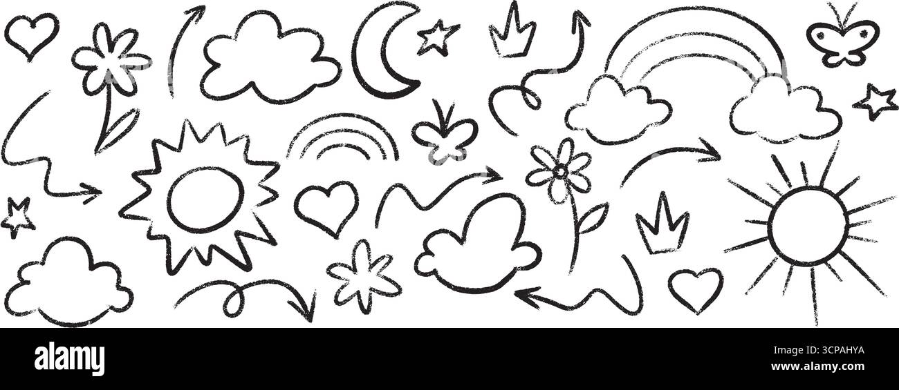 Crayon dessiné à la main par Kid pour l'école avec style d'art enfant mignon - coeurs et fleurs, soleil et nuages, arc-en-ciel. Illustration de Vecteur