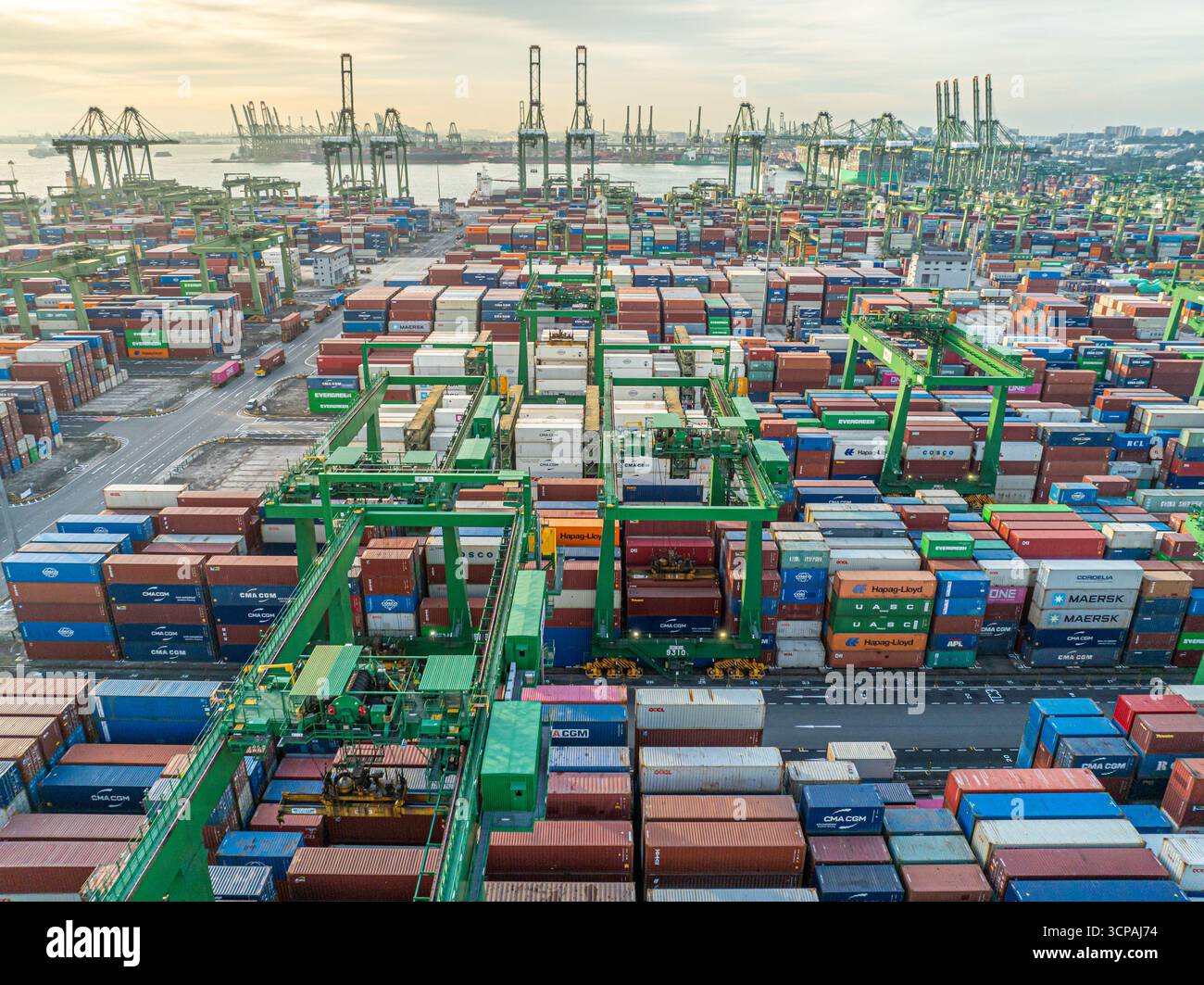 Singapour, Singapour - 06 décembre 2024 : vue aérienne du terminal de Pasir Panjang, où une symphonie de conteneurs maritimes colorés crée une mosaïque vibrante sur fond de grues imposantes. Banque D'Images