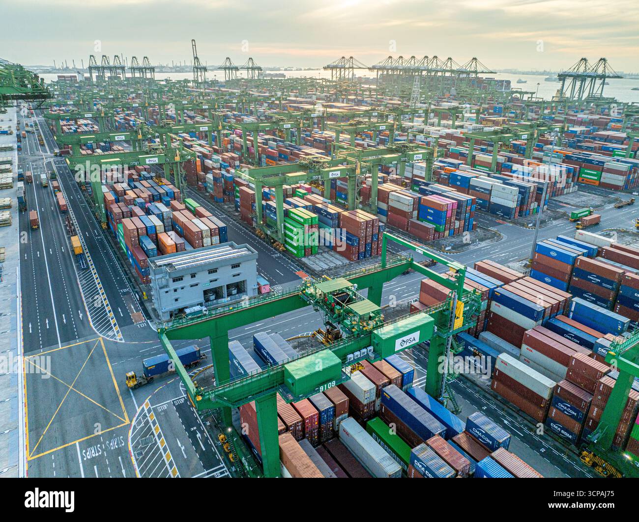 Singapour, Singapour - 06 décembre 2024 : une vue aérienne du terminal Pasir Panjang révèle une symphonie de conteneurs empilés et de grues imposantes sous une lumière douce et diffuse du soleil. Banque D'Images