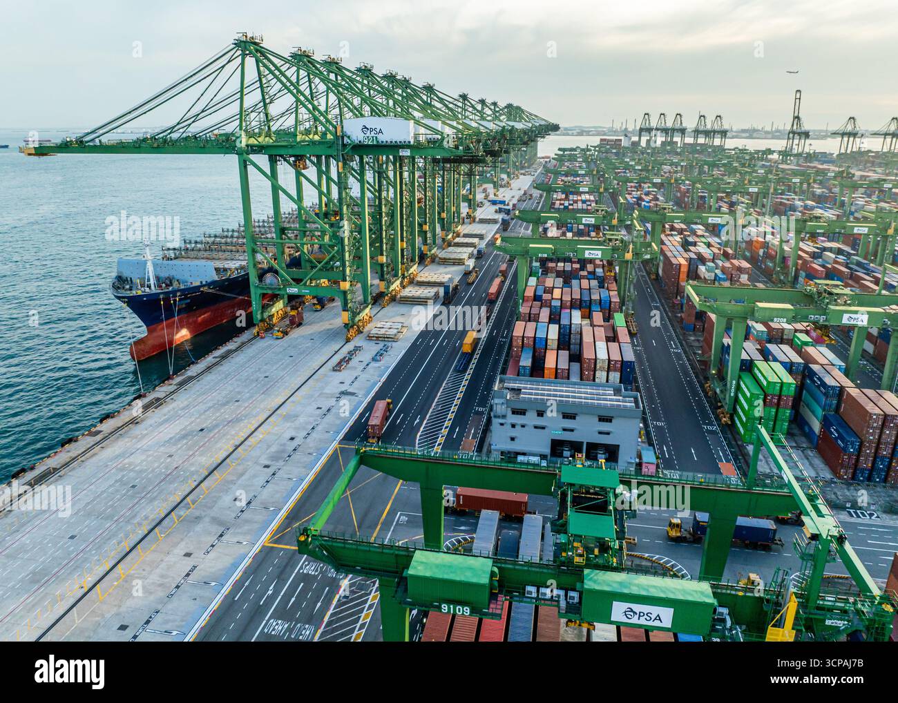 Singapour, Singapour - 06 décembre 2024 : vue aérienne du terminal de Pasir Panjang, où de colossales grues vertes se dressent au-dessus d'une symphonie de conteneurs maritimes colorés, un ballet du commerce mondial. Banque D'Images