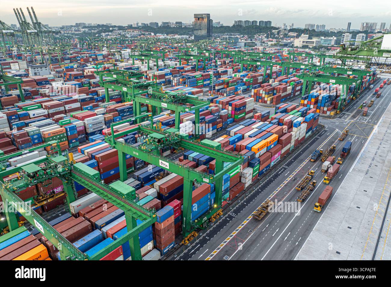 Singapour, Singapour - 06 décembre 2024 : vue aérienne du terminal de Pasir Panjang, une symphonie de conteneurs empilés sous des grues vertes tentaculaires contre l'horizon de la ville. Banque D'Images