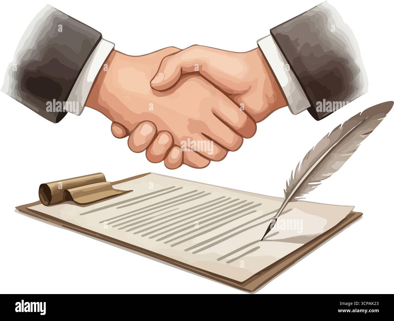 Poignée de main d'accord commercial. Symbolisant des négociations commerciales réussies, cette illustration représente un fermoir ferme au-dessus des documents officiels et un Illustration de Vecteur