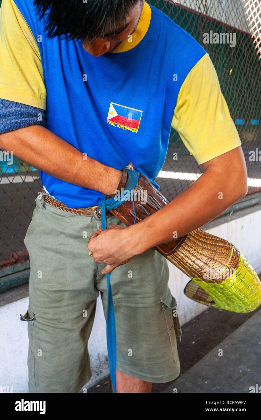 Un jeune pelotari philippin montrant comment enfiler sa cesta à un fronton Jai Alai à Cebu City, Philippines Banque D'Images