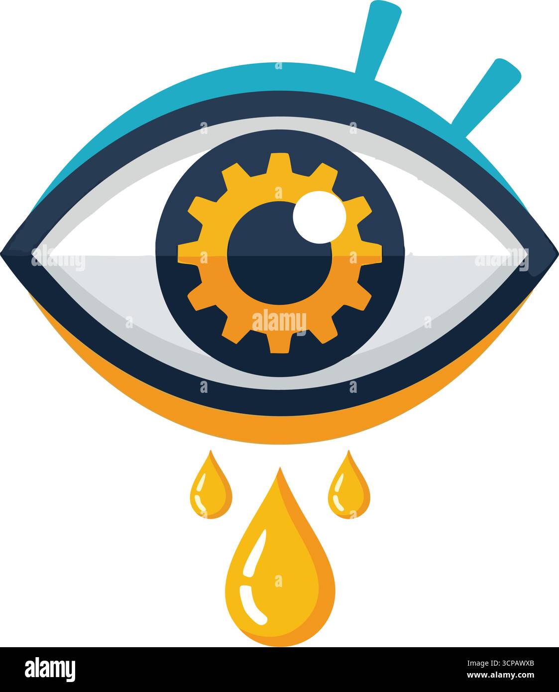 Liquide doré goutte à goutte mécanique pour les yeux. Une illustration numérique montre un organe perceptif avec un iris denté. Il symbolise l'innovation, la perspicacité, et e. Illustration de Vecteur