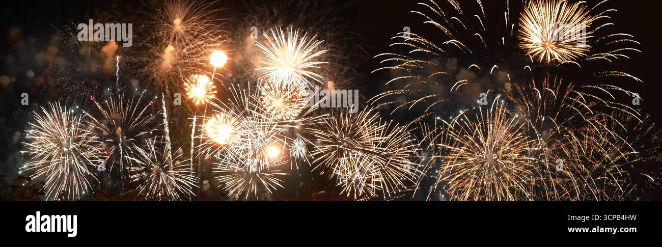 Bannière Golden Firework Celebrate anniversaire bonne année 2023, 4 juillet festival de vacances. feux d'artifice dorés colorés célèbrent la fête nationale. Ban Banque D'Images