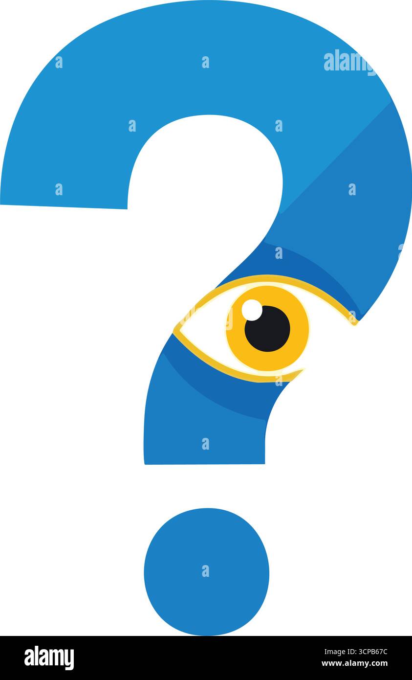 Point d'interrogation avec Watching Eye. Un symbole bleu d'enquête avec un œil central et observateur. Il représente des vérités cachées, des secrets, des enquêtes, et Illustration de Vecteur