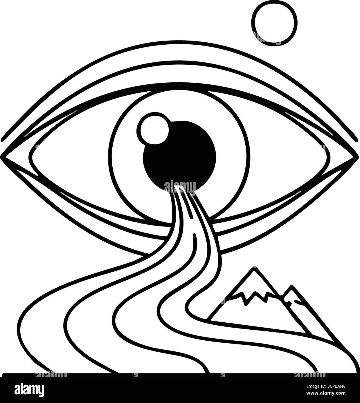 Regard visionnaire et flux cosmique. Cette œuvre saisissante représente un orbe oculaire abstrait libérant un courant sinueux dans un terrain montagneux. Il incarne Illustration de Vecteur