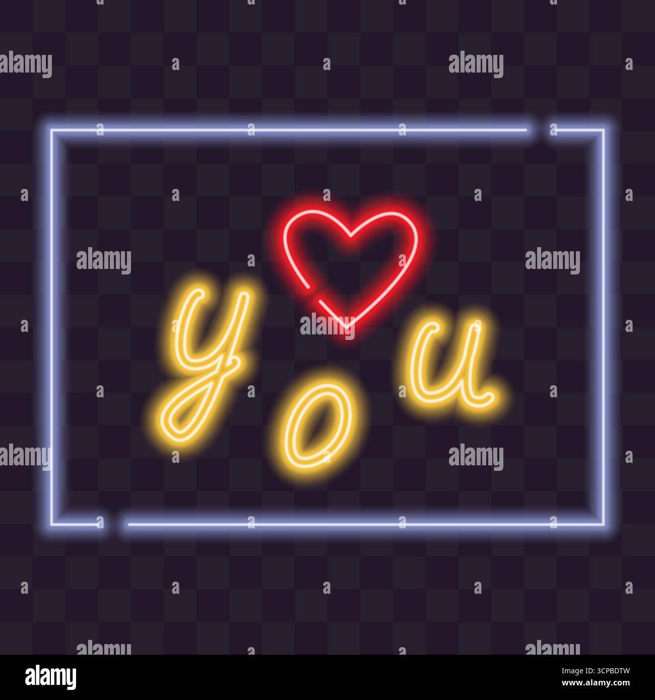 Love You lettres et coeur décoratif St Valentines Greeting Neon Glowing composition Like Frame. Isolated Vector illustration Sticker Icon Love Related content cartes affiches, dépliant, bannière, étiquette Illustration de Vecteur