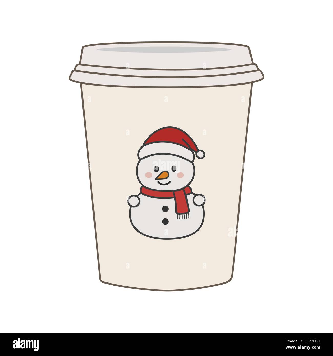 Tasse en papier sur le thème de Noël avec illustration de bonhomme de neige mignonne, parfait pour les promotions de saison des fêtes ou les conceptions de café. Illustration de Vecteur