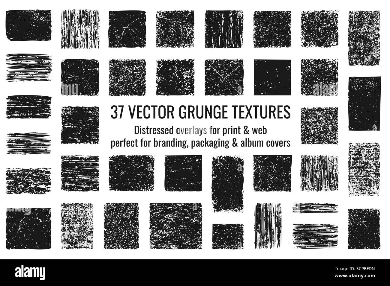 Collection de trente-sept textures grunge noires Distressed overlays pour l'impression d'emballages de marque de conception Web et les arrière-plans créatifs Illustration de Vecteur