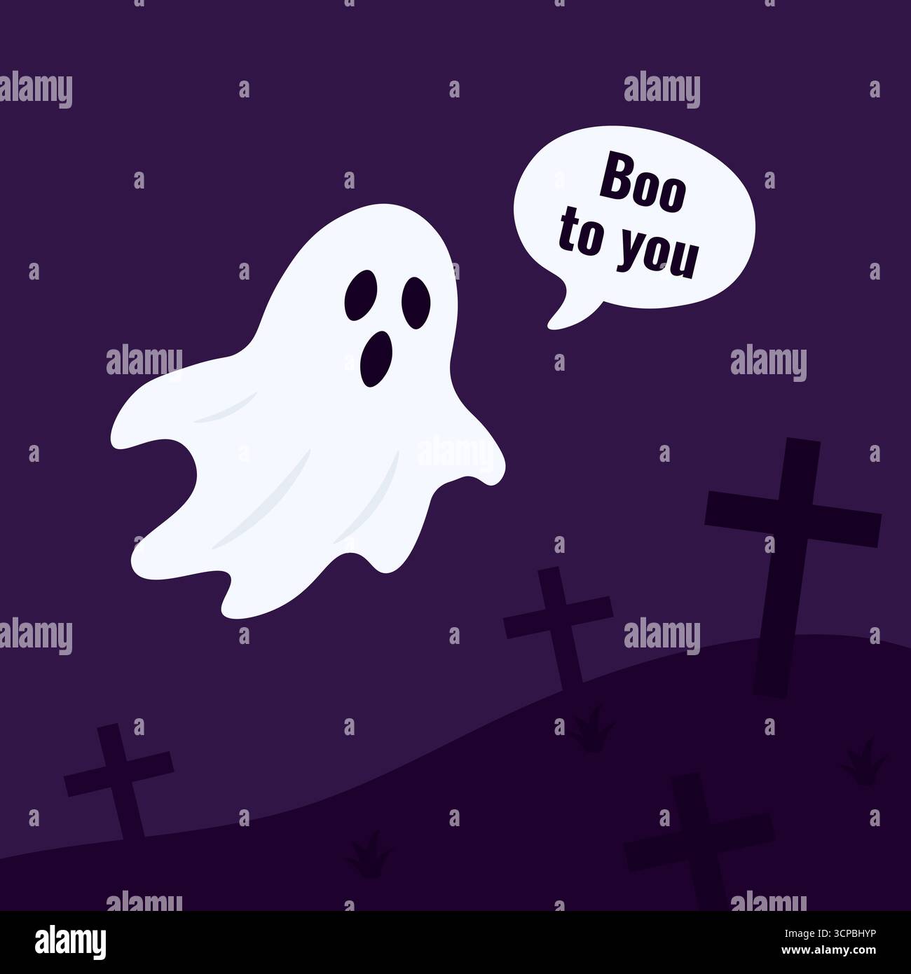 Fantôme de dessin animé drôle avec fond sombre de cimetière caractère effrayant d'halloween Illustration de Vecteur