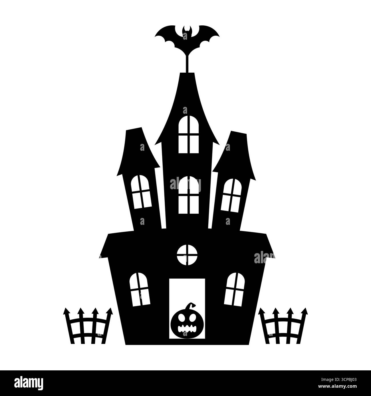 Maison hantée avec citrouille et chauve-souris Silhouette. Parfait graphique sur le thème d'Halloween pour les décorations, invitations, affiches et projets saisonniers. Illustration de Vecteur