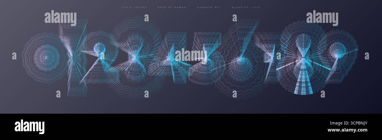 Ensemble de numéros futuristes néon brillants lignes d'ondes numériques style holographique numérique police alphabet pour la technologie, affiche de science-fiction, conception cyberpunk, données Illustration de Vecteur