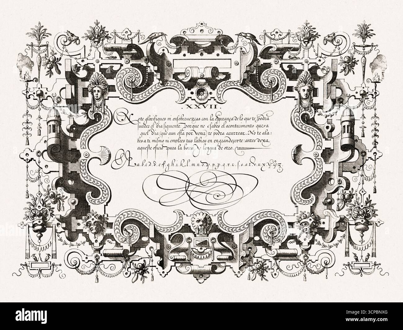 Calligraphie Renaissance avec cadre orné et détails décoratifs. Bruxelles, le 1569. Banque D'Images Calligraphie Renaissance avec cadre orné et détails décoratifs. Bruxelles, le 1569. Banque D'Images