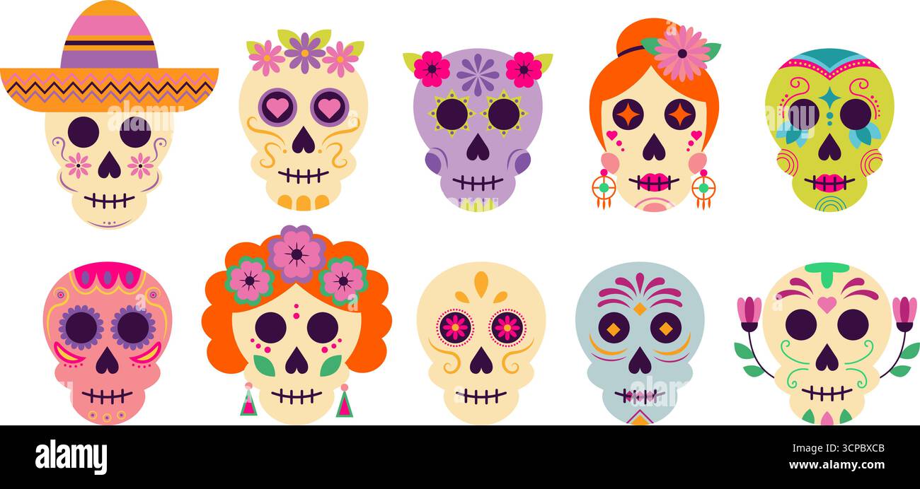 Ensemble de crânes mexicains vectoriels isolés avec des motifs lumineux, des décorations et des fleurs pour le jour des morts. Illustration de Vecteur