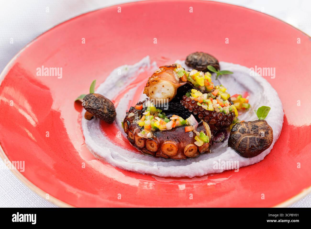 Restaurant de luxe gastronomique hors-d'œuvre salade de poulpe assiette rouge gros plan cuisine fine plat exclusif Banque D'Images