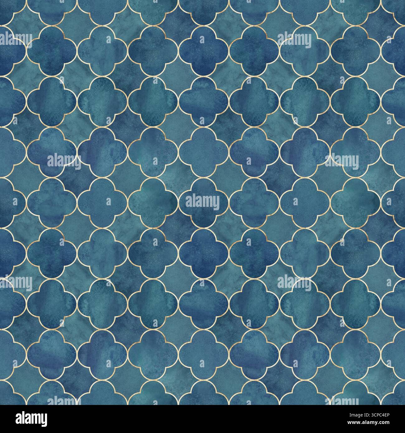 Motif sans couture de feuille de trèfle de style gothique aquarelle. Fond abstrait de luxe aquarelle dessiné à la main avec des feuilles de trèfle de velours bleu sarcelle et c d'or Banque D'Images