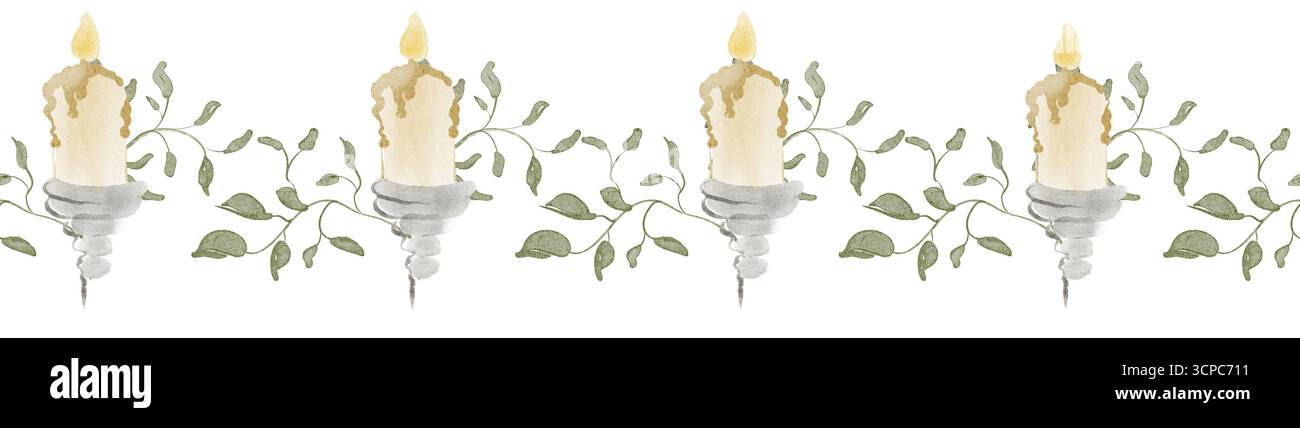 Bougies avec bordure de feuille motif sans couture aquarelle Banque D'Images