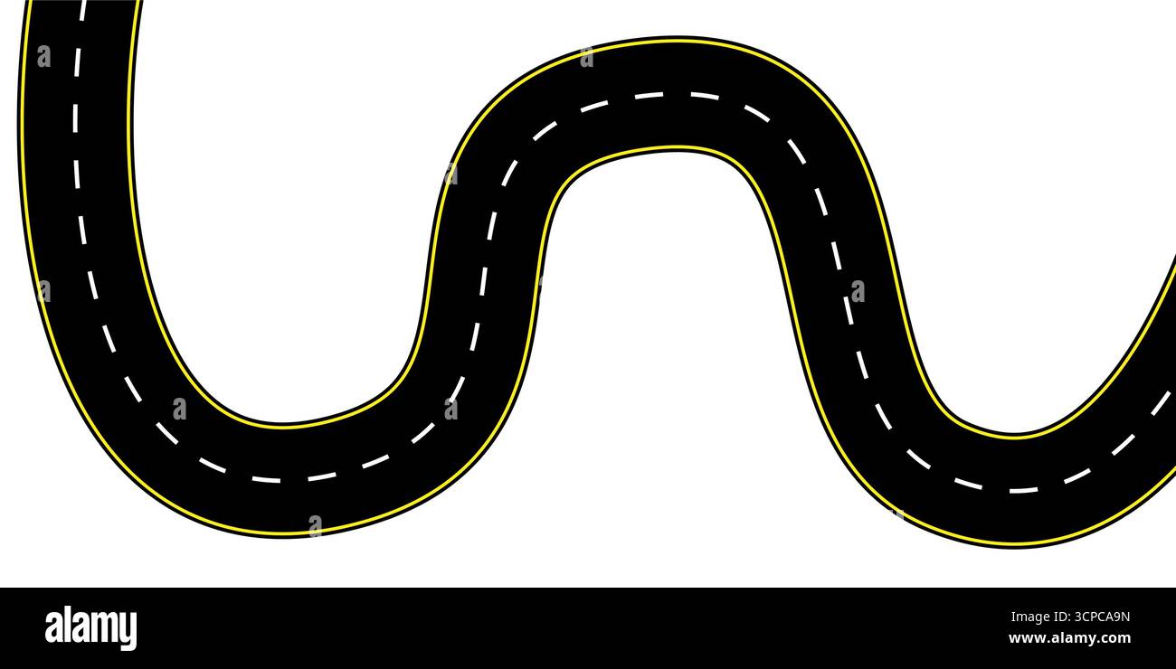 Illustration vectorielle de vue de dessus d'une rue courbe à deux voies avec des marques pointillées chemin sinueux et surface asphaltée idéale pour les icônes de carte de voyage autoroute Illustration de Vecteur