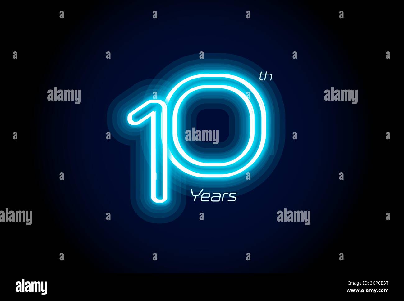 Numéro de néon bleu dix ans, logo du 10ème anniversaire sur fond noir. Signe de jubilé lumineux brillant pour emblème de célébration de la partie d'événement cyber Illustration de Vecteur